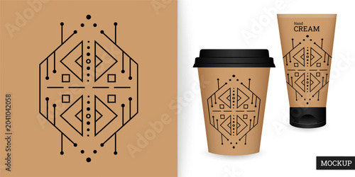 Minimalist vector geometric pattern in an ethnic style. Geometric background. A symmetrical ornament with lines, dots, and diamonds for branding, packaging, textiles, decor, and modern design projects