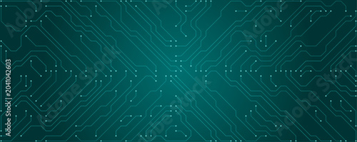 Teal circuit board pattern with white dots and lines on dark teal background technology electronic