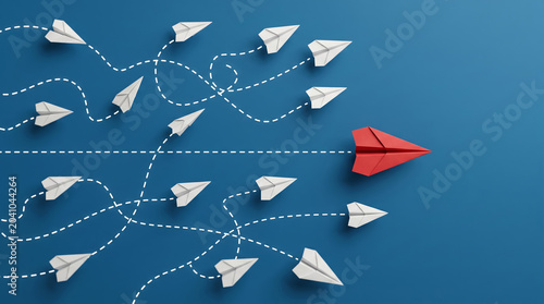Red paper plane flying straight path while white ones swirl chaotically, clarity and efficiency concept