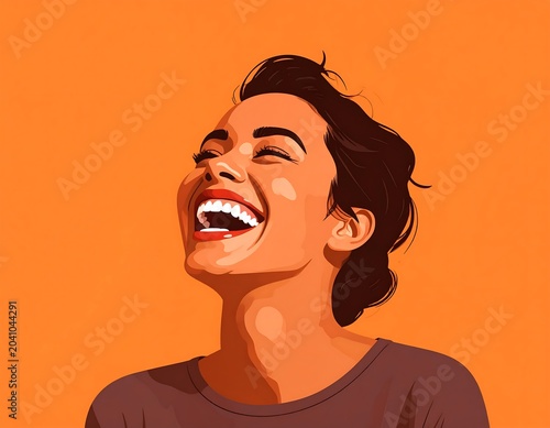 Joyful Young Woman Laughing Against Bright Orange Background
