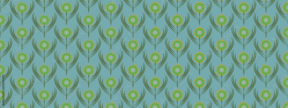 Obraz premium Elegant seamless floral pattern featuring repeating green stylized flowers with elongated leaves arranged in a symmetrical geometric layout. Ideal for wallpaper, textile pri