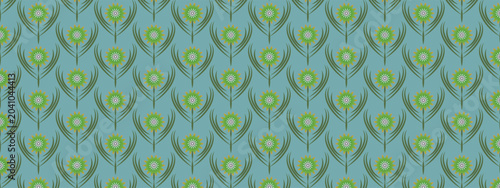 Bilde på lerret Elegant seamless floral pattern featuring repeating green stylized flowers with elongated leaves arranged in a symmetrical geometric layout