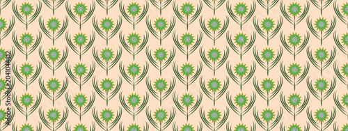 Canvas Print Elegant seamless floral pattern featuring repeating green stylized flowers with elongated leaves arranged in a symmetrical geometric layout