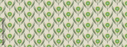 Billede på lærred Elegant seamless floral pattern featuring repeating green stylized flowers with elongated leaves arranged in a symmetrical geometric layout