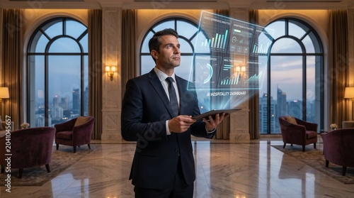 Hotel executive using AI hospitality dashboard for guest experience and hotel operations