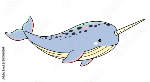 Foto Cute Cartoon Narwhal with Tusk, Kawaii Style, Arctic Ocean Animal