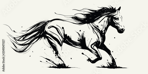 Konstfotografi Galloping Horse Illustration Ink Wash Style With Dynamic Brushstrokes