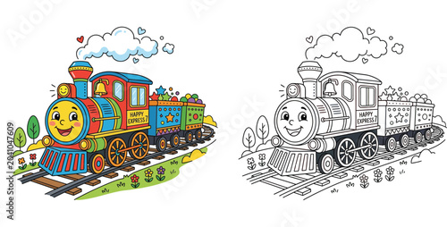 Obraz na płótnie Happy Express 7 Cartoon Train Illustration with Steam Engine, Railway Tracks, an