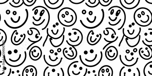 Photos Seamless pattern of simple black line art smiley faces on white background