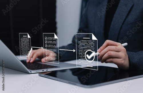 Foto Document approval workflow and digital checklist process concept, virtual documents, arrows, checklist, signature, and final checkmark showing review, validation, standard, and compliance management
