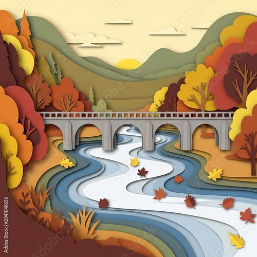 Colorful Paper Cut Autumn Forest Surrounding Stone Bridge Over Winding River in Mountain Valley