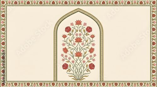 Vintage Floral Arch Frame with Ornamental Border and Beige Background