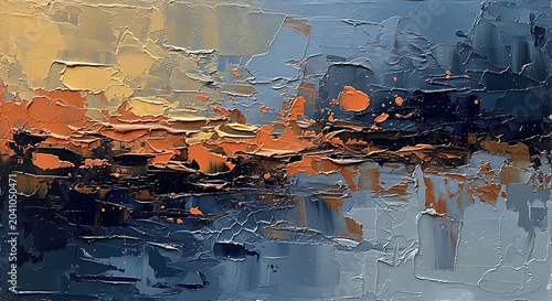 Textured Abstract Oil Painting Background with Heavy Palette Knife Strokes in Blue Orange and Grey Colors Creative Artistic Concept for Banner or Wall Art Decor