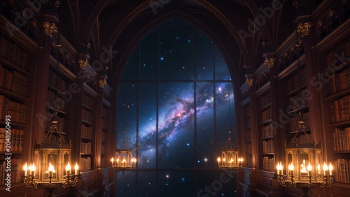 Magical library with a view of the cosmos and glowing lanterns. Seamless looping 4k video background