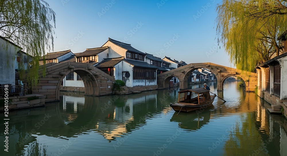 Obraz premium Traditional Japanese house with pond and bridge.