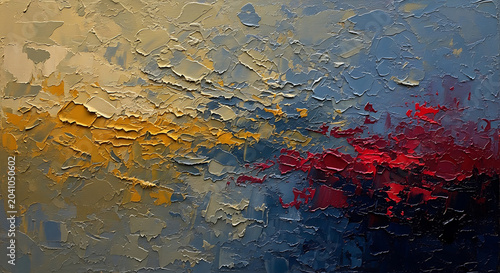 Heavy Impasto Abstract Oil Painting Texture with Thick Palette Knife Strokes Featuring Vibrant Gold Yellow Blue and Bold Red Color Splash for Creative Artistic Backdrop