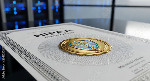 Official HIPAA Certification Document with Gold Medical Seal on Desk in Modern Office for Healthcare Compliance and Patient Data Privacy Protection