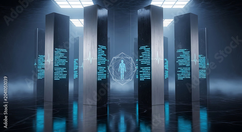 Futuristic Data Center with Glowing Blue Monoliths Displaying Digital Code and a Holographic Human Silhouette Conceptualizing AI and Big Data