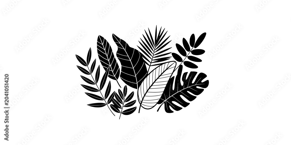 Fototapeta premium Leaves tropical illustration with black and white foliage design featuring nature, plants, botanical with leafy and greenery elements for leaf