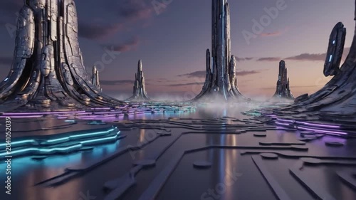 Twilight digital sci-fi landscape with towering dark spires, misty water, glowing teal light trails, and reflective neon pools