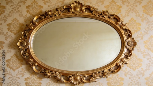  features a vintage-style oval mirror with an ornate gold frame, prominently displayed against a patterned wallpaper.