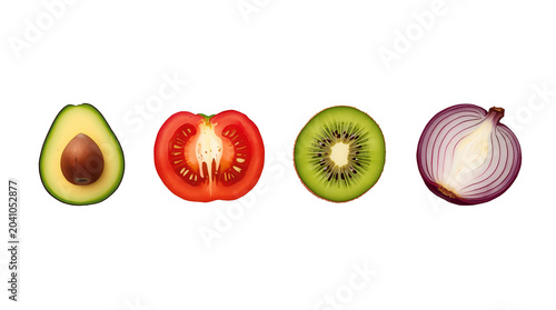 halved fruits and vegetables arranged horizontally against a white background. From left to right, the subjects include an avocado with a light green flesh and a brown seed, a tomato with a red exteri