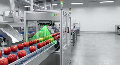 Modern optical fruit sorting machine conveyor belt in industrial setting with apples