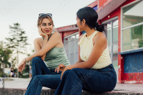 Foto Amigas de la generación Z sonriendo y conversando sentadas en un parque urbano