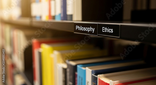 Closeup of Philosophy and Ethics Book Labels on a Library Shelf with Blurred Academic Background for Higher Education and Research Concepts