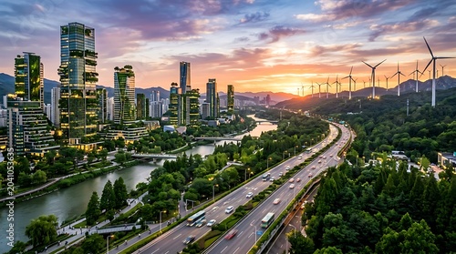 Modern City Skyline Over Highway and River at Colorful Sunset