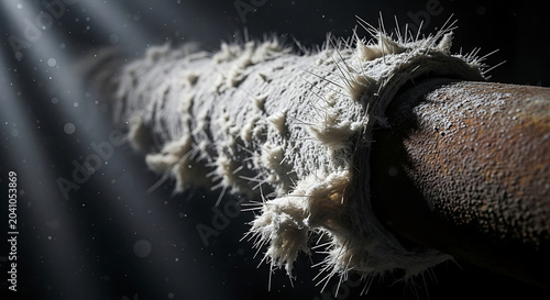 Hazardous White Asbestos Insulation Fibers on a Rusty Pipe in a Dark Basement Macro View Highlighting Toxic Exposure Risks for Professional Abatement and Remediation