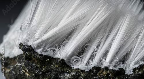Extreme Macro Shot of Raw Chrysotile White Asbestos Fibers on Mineral Rock Highlighting Hazardous Material Used in Insulation and Siding Requiring Remediation