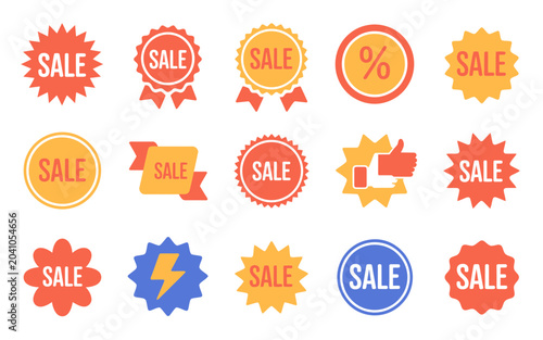 Colorful sale promotion badges and icons featuring discounts shopping carts limited time offers