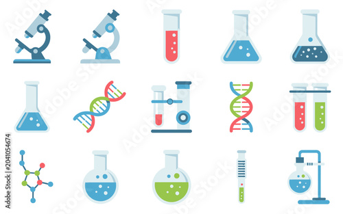 Colorful scientific icons display microscopes test tubes beakers and molecular structures.