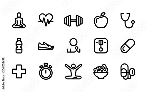A set of flat icons depicting fitness activities and healthy lifestyle equipment isolated on a white background for wellness design.
