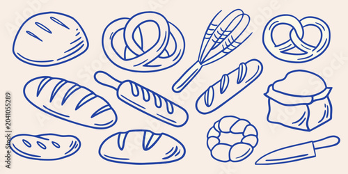 Tableau sur toile bakery assortment in blue sketch style featuring various breads bread loaf pretz
