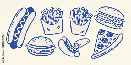 set of hand drawn fast food items in blue sketch hamburger pizza