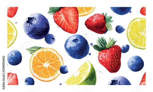 Tableau sur toile Fresh berries and citrus fruits forming a colorful watercolor pattern, represent