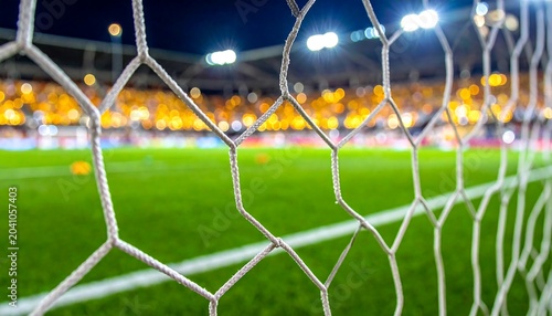 Soccer goal net close up with green grass field and blurred stadium crowd lights at night time