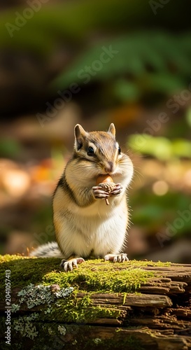Cute Chipmunk Eating Food on Mossy Forest Log.