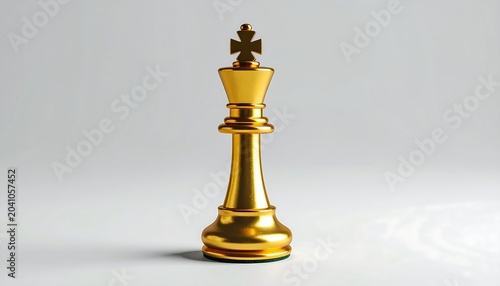 Single golden chess king piece standing on white background with soft shadows and luxurious metallic reflective studio lighting