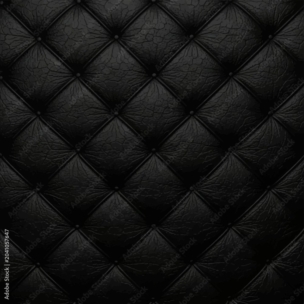 Fototapeta premium Detailed black quilted leather texture featuring a symmetrical tufted diamond pattern with central buttons, showcasing high-resolution grain for upholstery and design applications.
