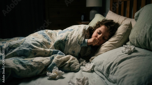 Child Suffering Cold Lying In Bed Wrapped In Blanket With Cold Symptoms