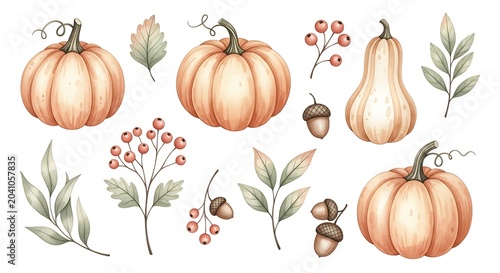 Watercolor Autumn Pumpkin and Botanical Elements Arranged on White Background