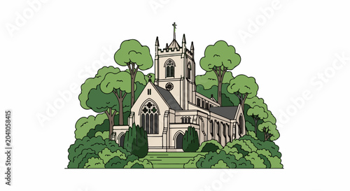 Stylized illustration of a historic church nestled amongst lush green trees and foliage