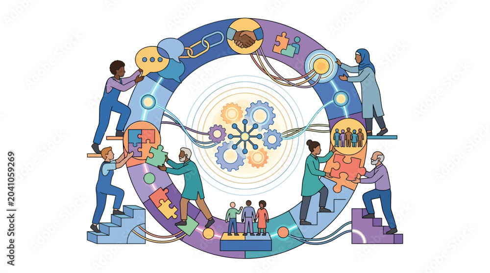 Fototapeta premium Corporate Memphis illustration of a diverse team collaborating around a large circular system featuring gears, puzzle pieces, handshakes, and communication bubbles on white.