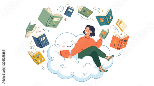 Flat vector illustration of a young woman in an orange sweater sitting on a smiling fluffy cloud, surrounded by multiple flying open books and magical swirls on a white background.