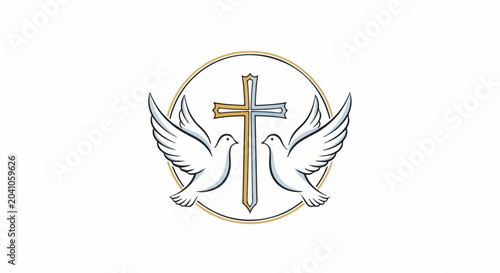 Two white doves flank a golden and blue cross within a circular emblem