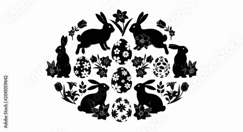 A circular arrangement of black bunny silhouettes, patterned Easter eggs, and floral elements