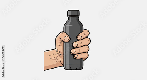 Hand holding a grey water bottle, illustration